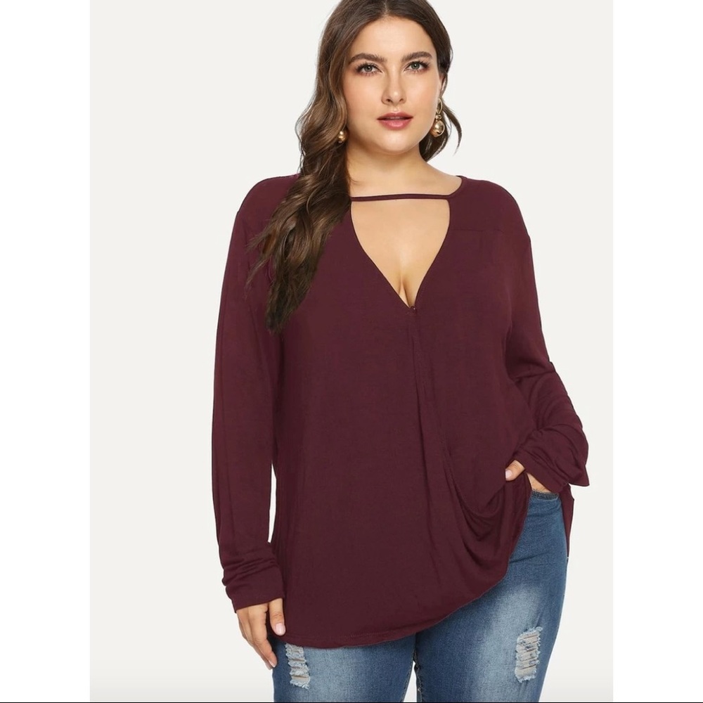 Shein Womens Plus Surplice Wrap Tee Burgundy Size 1X